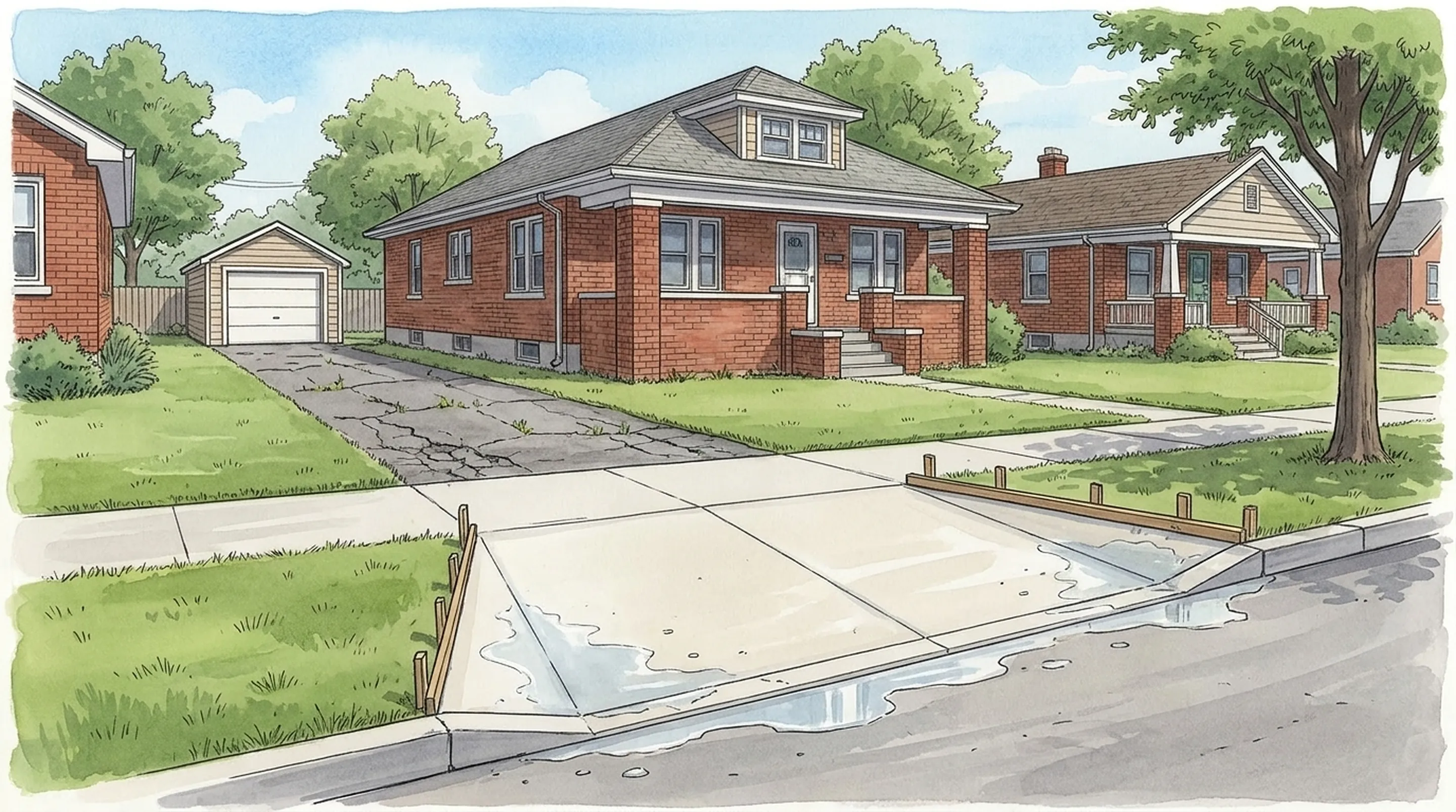 A Detroit brick bungalow with a cracked old driveway on the lot and a freshly poured concrete approach at the curb, forms still in place
