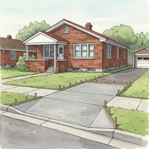 Drawing of a new concrete driveway approach poured from the sidewalk out to the curb in front of a red brick bungalow, wooden forms still in place along its edges.