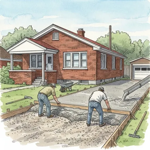 Drawing of two workers raking fresh concrete inside wooden forms on a regraded gravel base in front of a red brick Detroit bungalow, a chute pouring more concrete behind them.