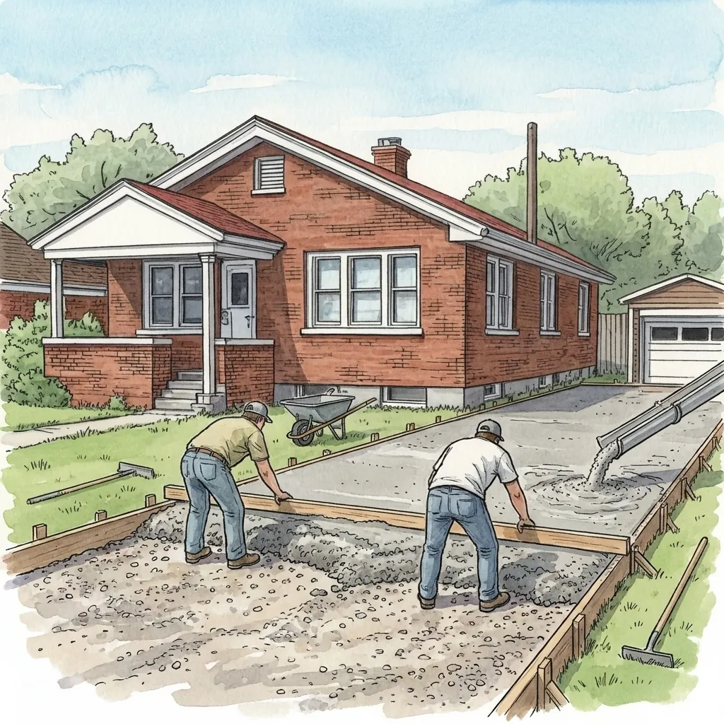 Drawing of two workers raking fresh concrete inside wooden forms on a regraded gravel base in front of a red brick Detroit bungalow, a chute pouring more concrete behind them.
