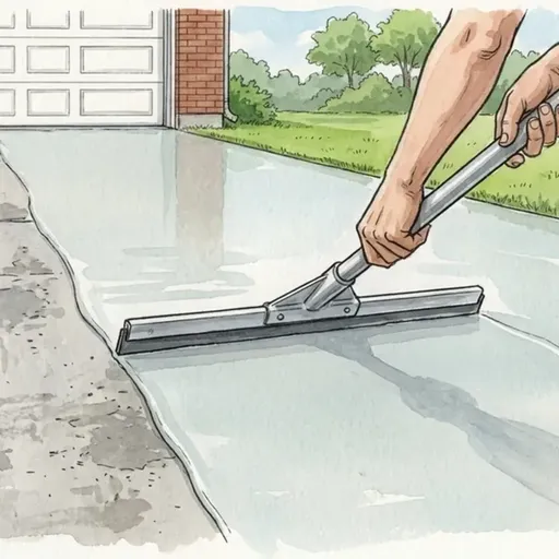 Drawing of a squeegee spreading a smooth new topping over a worn, flaking concrete driveway in front of a white garage door.