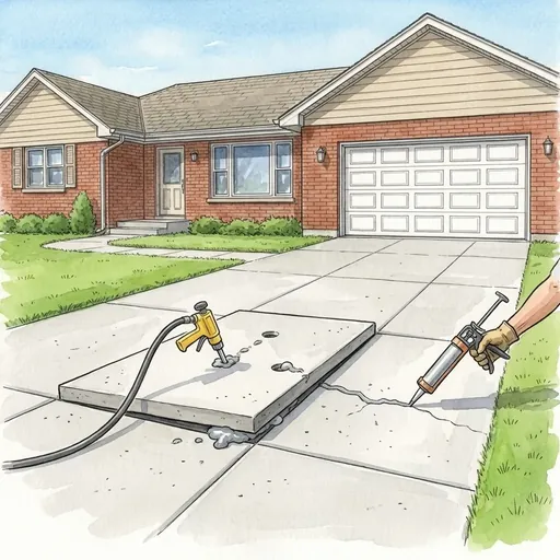 Drawing of a driveway repair in front of a brick ranch house: a sunken slab being lifted through drilled ports, and a gloved hand sealing a crack with a caulk gun.