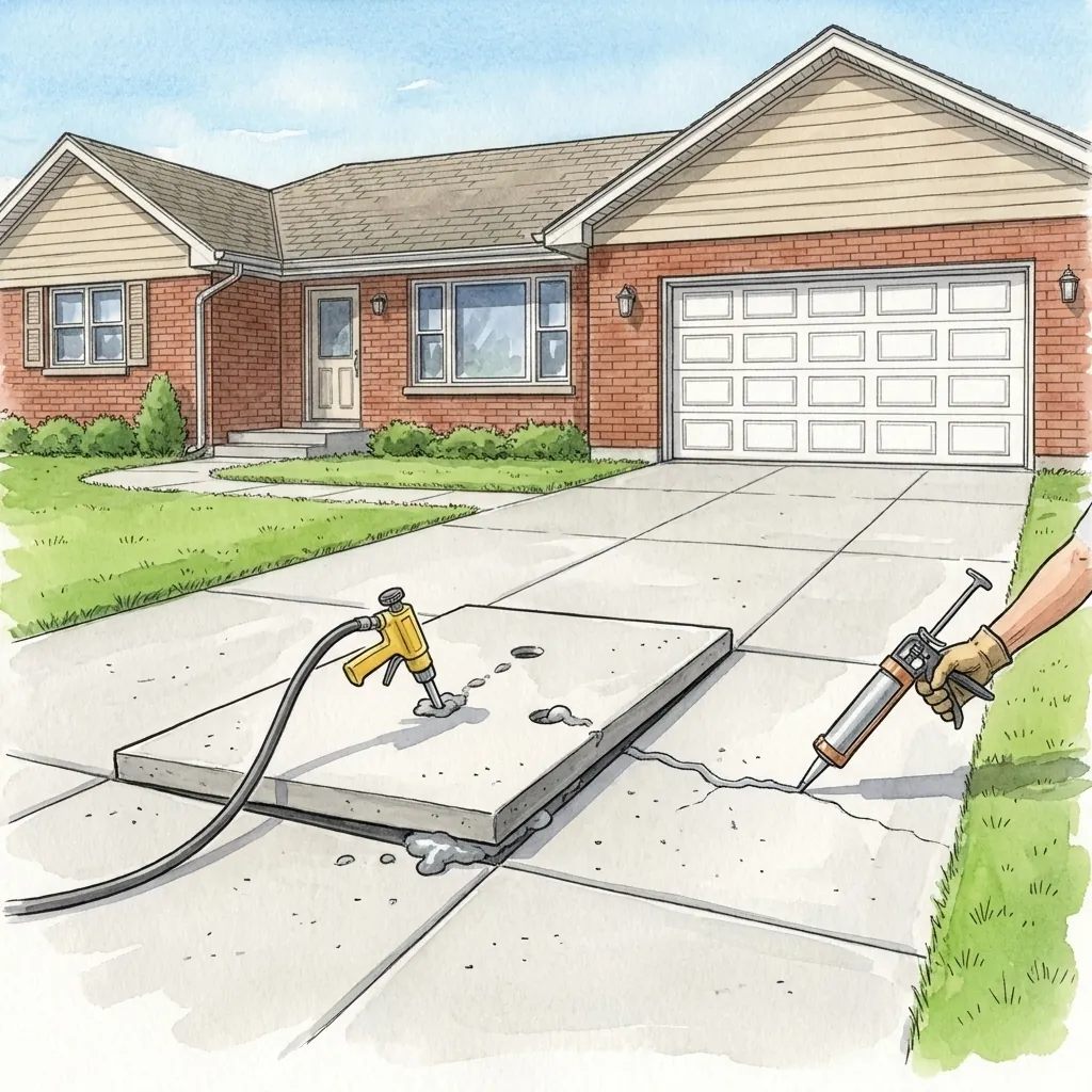 Drawing of a driveway repair in front of a brick ranch house: a sunken slab being lifted through drilled ports, and a gloved hand sealing a crack with a caulk gun.